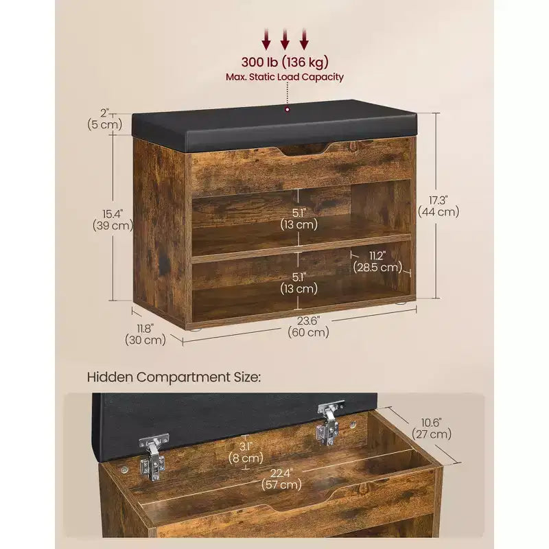 Panca portascarpe con seduta imbottita e 3 vani portaoggetti, robusto organizzatore per ingresso, 11,8 x 23,6 x 17,3 pollici