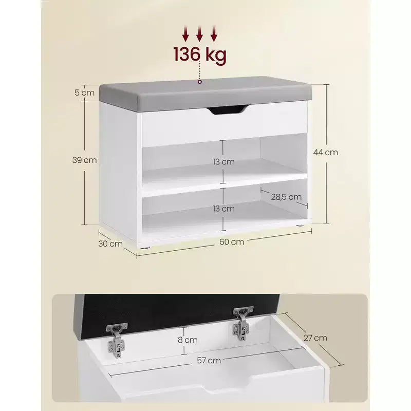 Panca portascarpe con seduta imbottita e 3 vani portaoggetti, robusto organizzatore per ingresso, 11,8 x 23,6 x 17,3 pollici