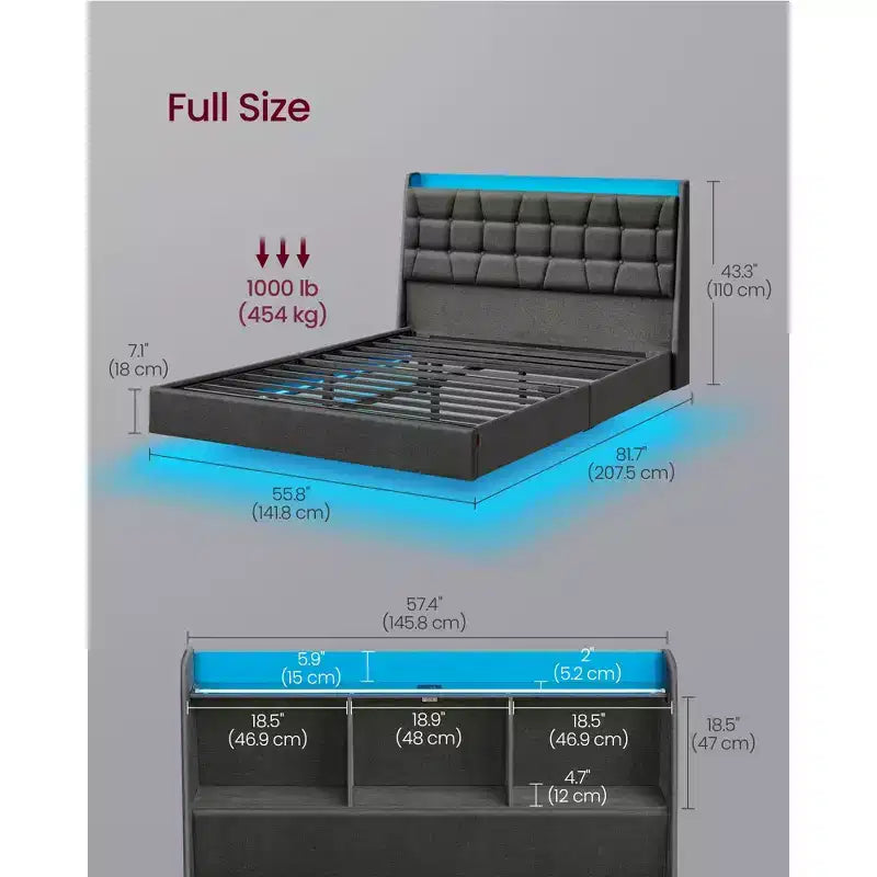 Struttura Letto Matrimoniale Full Size Fluttuante con Luci LED, Struttura Letto Matrimoniale Full Size con Stazione di Ricarica, Testiera Contenitore Trapuntata, Struttura Letto Imbottita