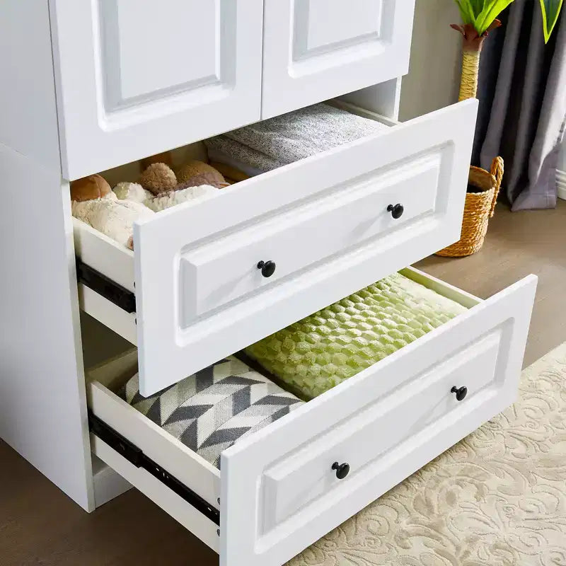 Armadio in legno bianco da 80 cm con 2 cassetti, 1 ripiano e binari appendiabiti