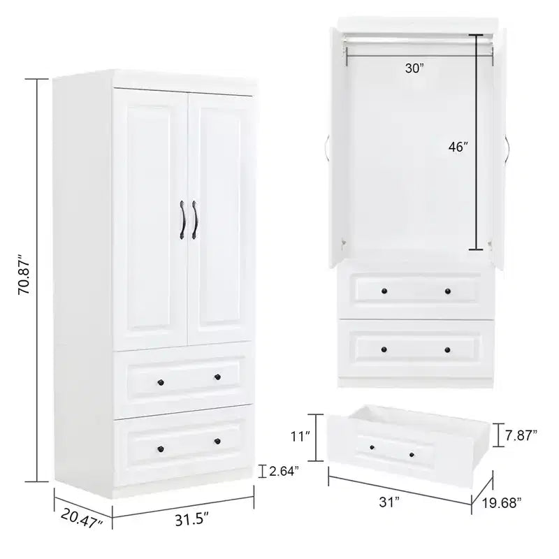 Armadio in legno bianco da 80 cm con 2 cassetti, 1 ripiano e binari appendiabiti