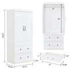 Armadio in legno bianco da 80 cm con 2 cassetti, 1 ripiano e binari appendiabiti