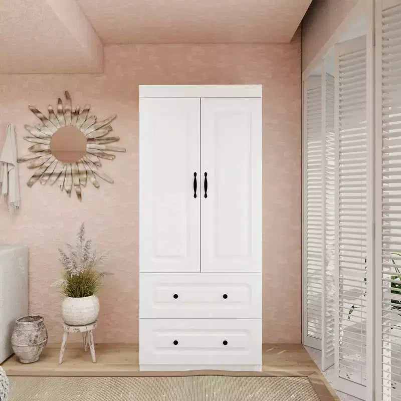 Armadio in legno bianco da 80 cm con 2 cassetti, 1 ripiano e binari appendiabiti