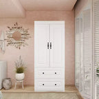 Armadio in legno bianco da 80 cm con 2 cassetti, 1 ripiano e binari appendiabiti