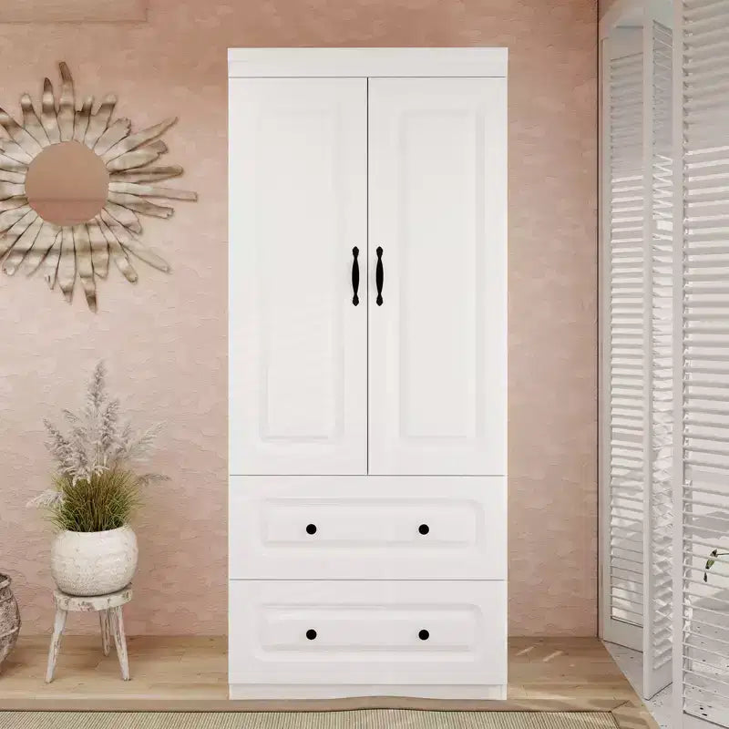 Armadio in legno bianco da 80 cm con 2 cassetti, 1 ripiano e binari appendiabiti