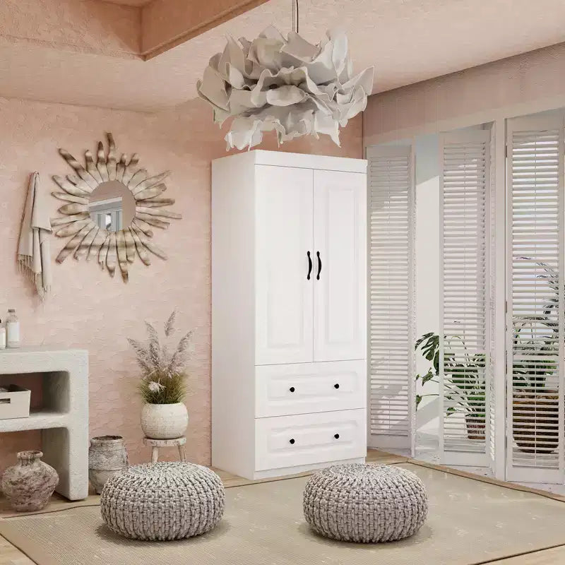 Armadio in legno bianco da 80 cm con 2 cassetti, 1 ripiano e binari appendiabiti