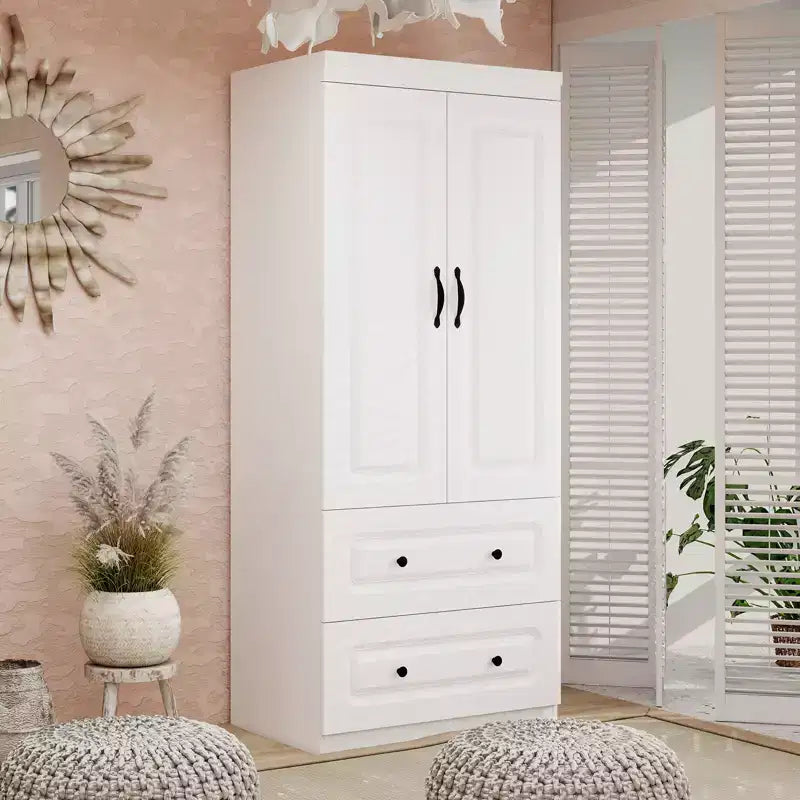 Armadio in legno bianco da 80 cm con 2 cassetti, 1 ripiano e binari appendiabiti