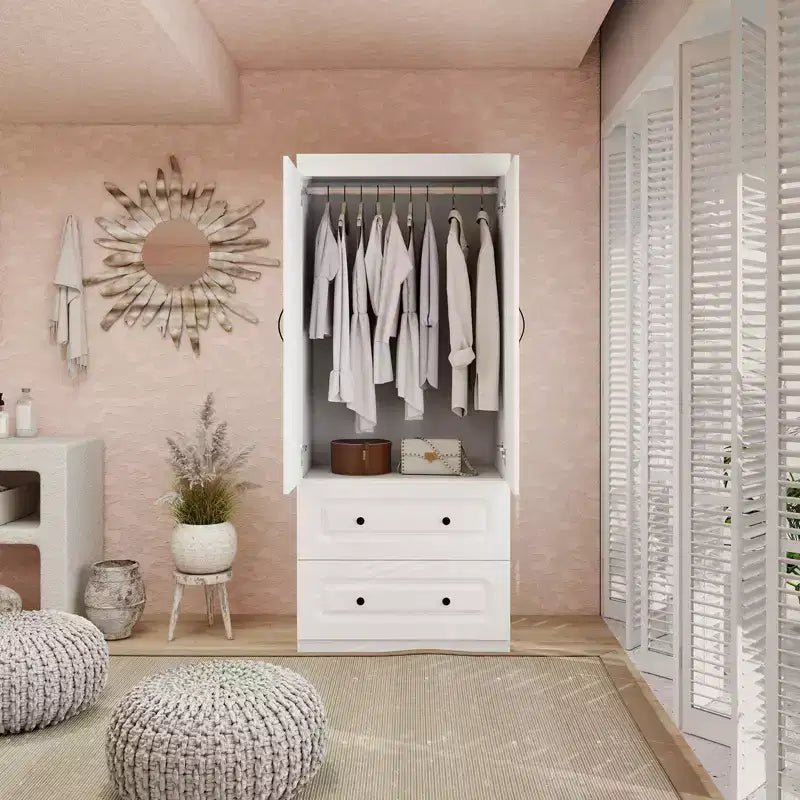 Armadio in legno bianco da 80 cm con 2 cassetti, 1 ripiano e binari appendiabiti