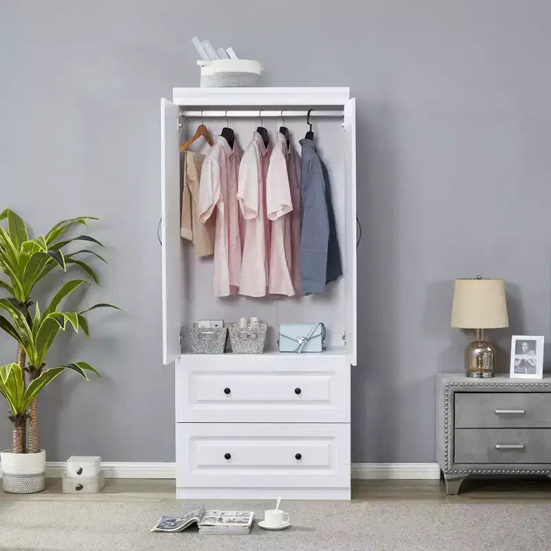 Armadio in legno bianco da 80 cm con 2 cassetti, 1 ripiano e binari appendiabiti