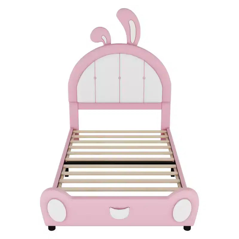 Letto a piattaforma imbottito per letto singolo con testiera a forma di coniglio