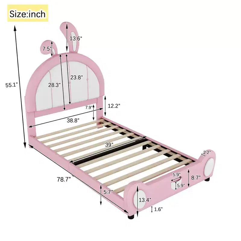 Letto a piattaforma imbottito per letto singolo con testiera a forma di coniglio