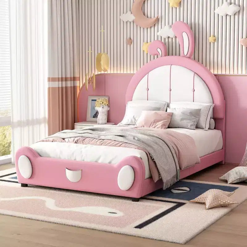 Letto a piattaforma imbottito per letto singolo con testiera a forma di coniglio