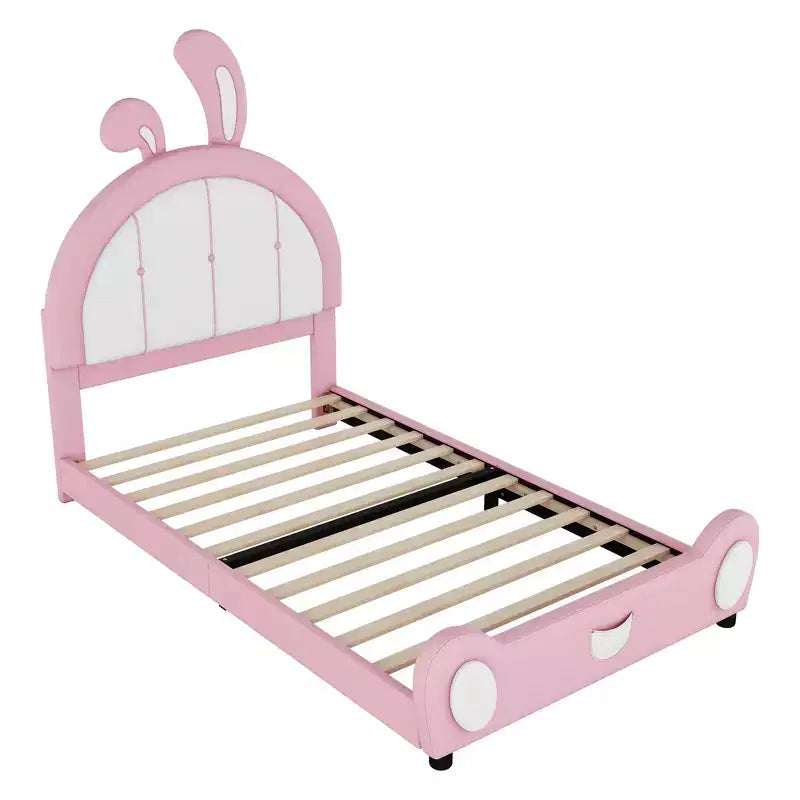 Letto a piattaforma imbottito per letto singolo con testiera a forma di coniglio