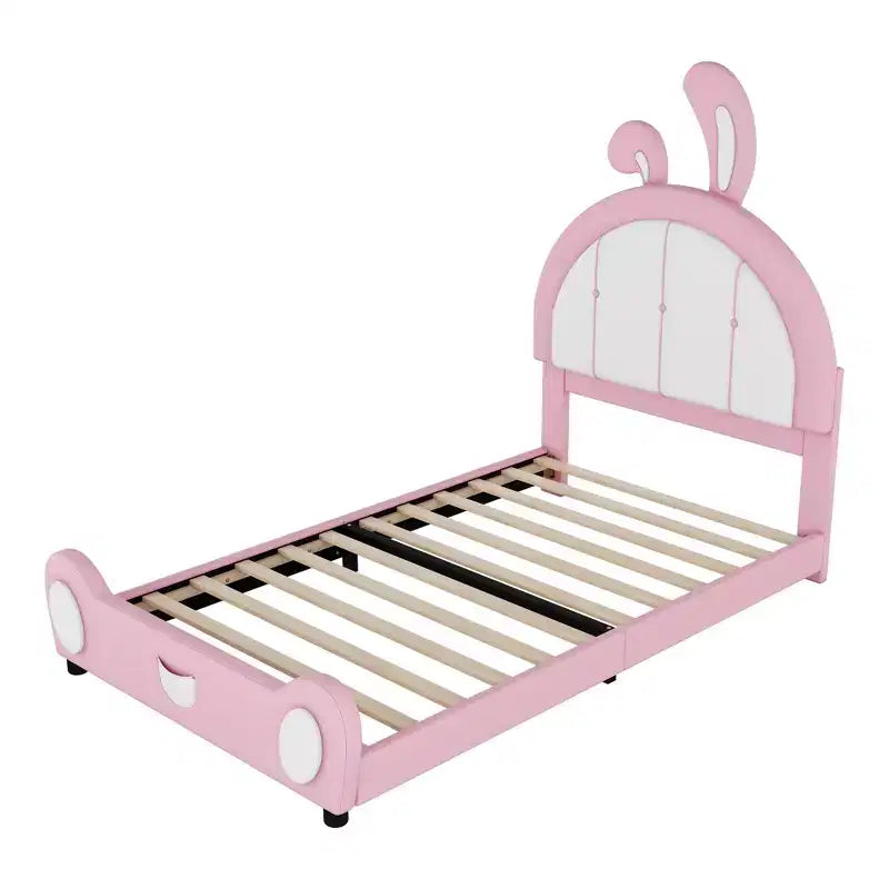 Letto a piattaforma imbottito per letto singolo con testiera a forma di coniglio