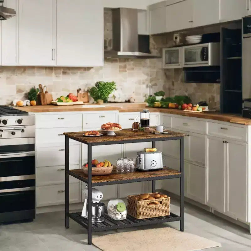Isola da Cucina Stile Industriale con Ampio Piano di Lavoro e Ripiani Portaoggetti a 3 Livelli - Facile da Montare, Design Versatile