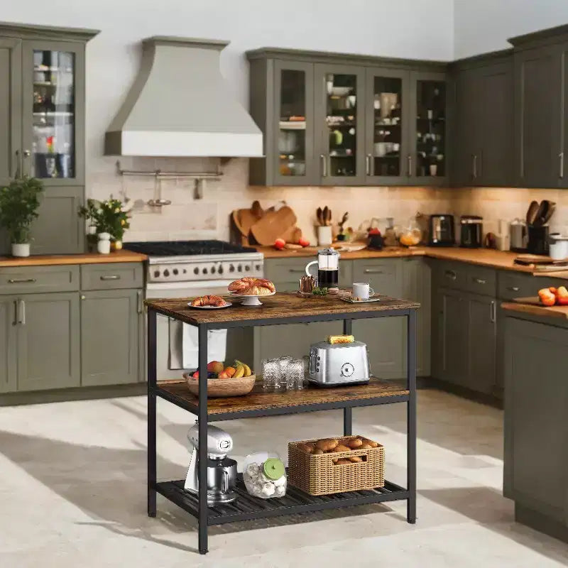 Isola da Cucina Stile Industriale con Ampio Piano di Lavoro e Ripiani Portaoggetti a 3 Livelli - Facile da Montare, Design Versatile