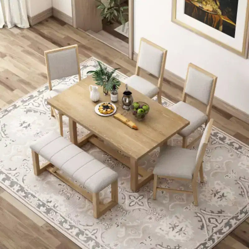Set da pranzo retrò da 6 pezzi, 1 tavolo rettangolare con base a cavalletto di design, 4 sedie imbottite e 1 panca per sala da pranzo e cucina