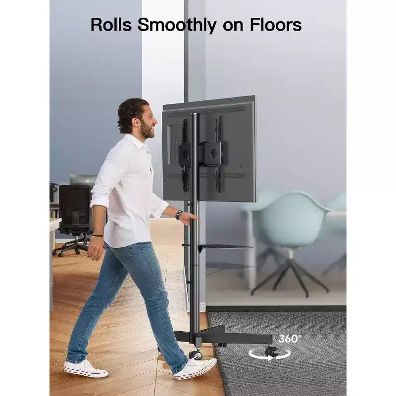 PERLESMITH Carrello TV Mobile con Ruote per TV LCD/LED/OLED da 23-60 pollici, Ripiano Regolabile in Altezza, Supporta fino a 45 kg, VESA Max 400x400mm