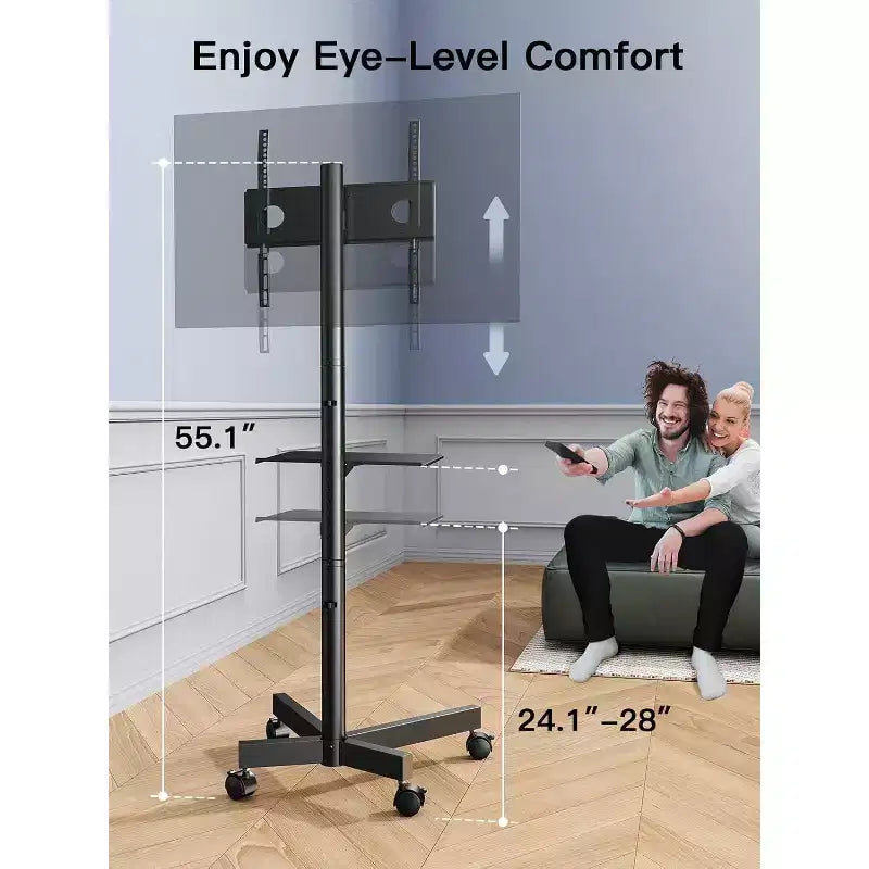 PERLESMITH Carrello TV Mobile con Ruote per TV LCD/LED/OLED da 23-60 pollici, Ripiano Regolabile in Altezza, Supporta fino a 45 kg, VESA Max 400x400mm