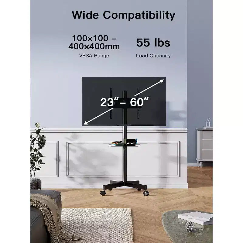 PERLESMITH Carrello TV Mobile con Ruote per TV LCD/LED/OLED da 23-60 pollici, Ripiano Regolabile in Altezza, Supporta fino a 45 kg, VESA Max 400x400mm