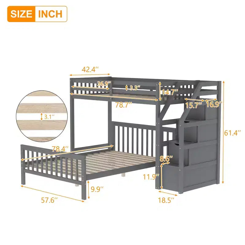 97.2''L 78.4''W Moderno letto a soppalco in legno per due persone con scale contenitore
