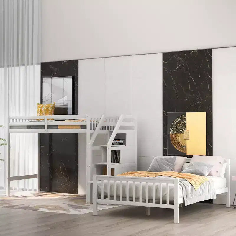 97.2''L 78.4''W Moderno letto a soppalco in legno per due persone con scale contenitore