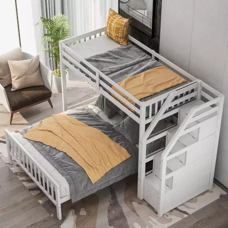97.2''L 78.4''W Moderno letto a soppalco in legno per due persone con scale contenitore