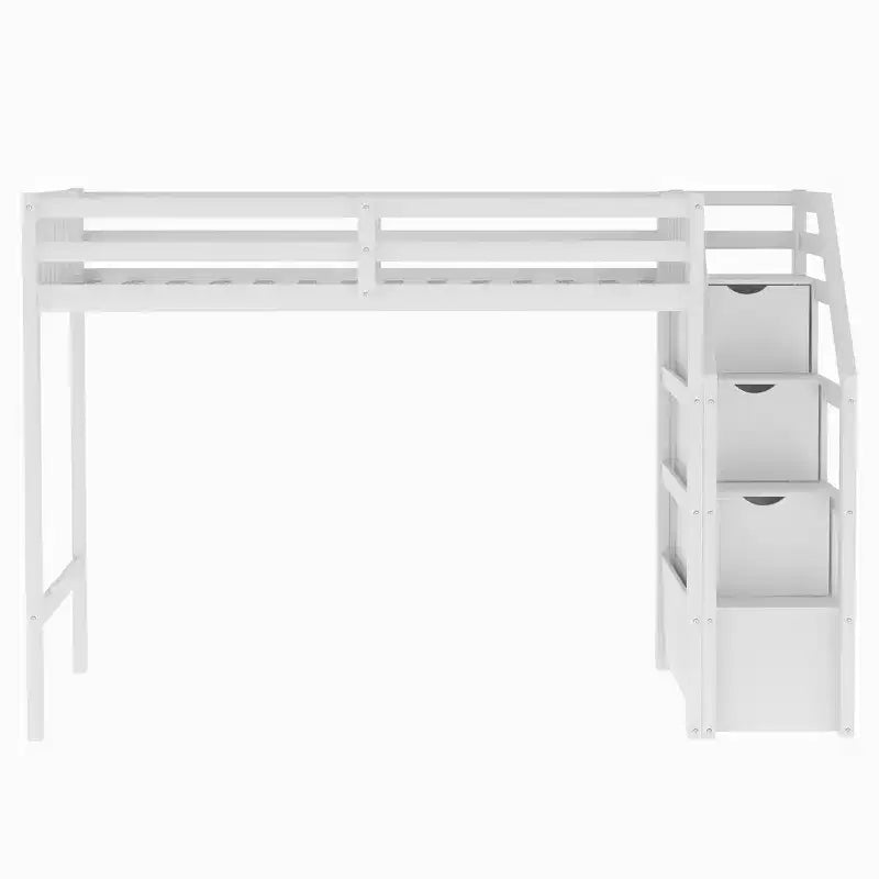 97.2''L 78.4''W Moderno letto a soppalco in legno per due persone con scale contenitore