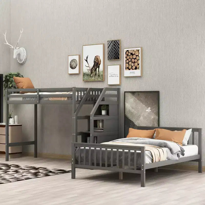 97.2''L 78.4''W Moderno letto a soppalco in legno per due persone con scale contenitore