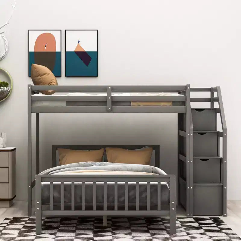 97.2''L 78.4''W Moderno letto a soppalco in legno per due persone con scale contenitore