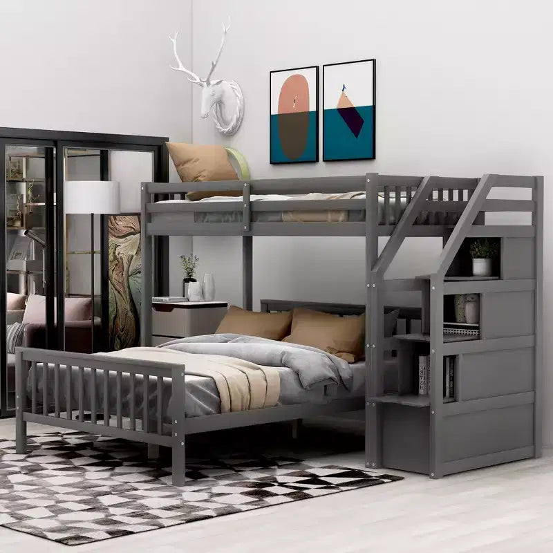 Whisen 97.2''L  78.4''W Modern Wood Twin over Full Loft Bed with Staircase Storage
