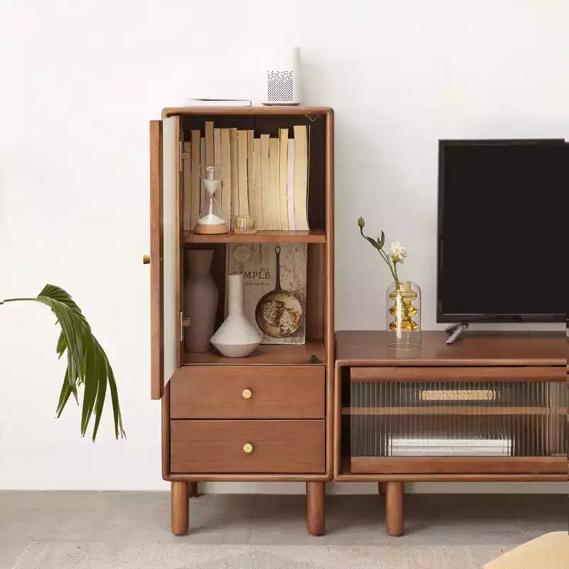 GDFStudio Denise 37.4H Glass Door Pine Storage Cabinet with Shelve and Two Drawers