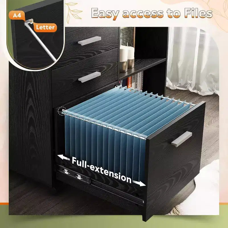 Schedario con Serratura in Legno a 3 Cassetti, Cassettiera Laterale Mobile