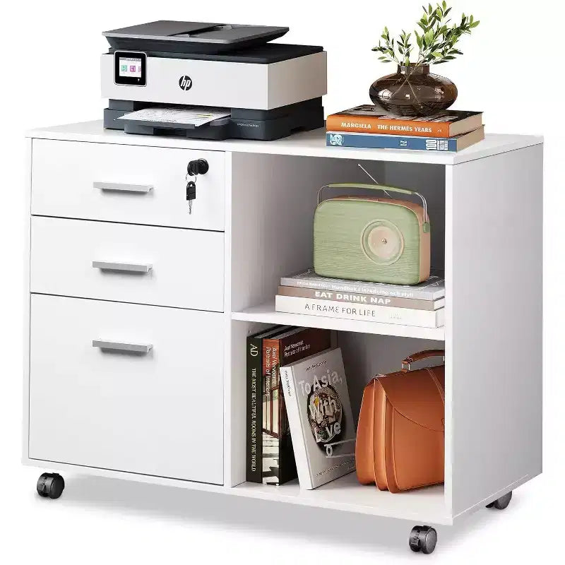 Schedario con Serratura in Legno a 3 Cassetti, Cassettiera Laterale Mobile