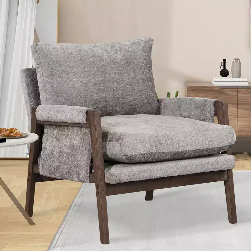 Poltrona moderna in velluto per soggiorno, sedia imbottita in stile Mid-Century con gambe in legno di gomma per sala lettura o camera da letto