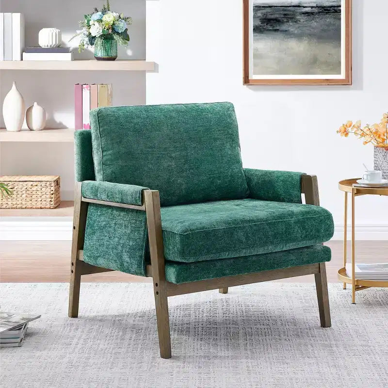 Poltrona moderna in velluto per soggiorno, sedia imbottita in stile Mid-Century con gambe in legno di gomma per sala lettura o camera da letto