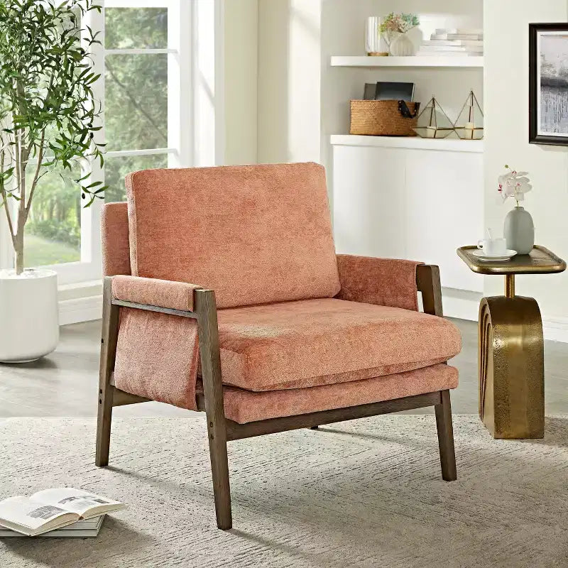 Poltrona moderna in velluto per soggiorno, sedia imbottita in stile Mid-Century con gambe in legno di gomma per sala lettura o camera da letto