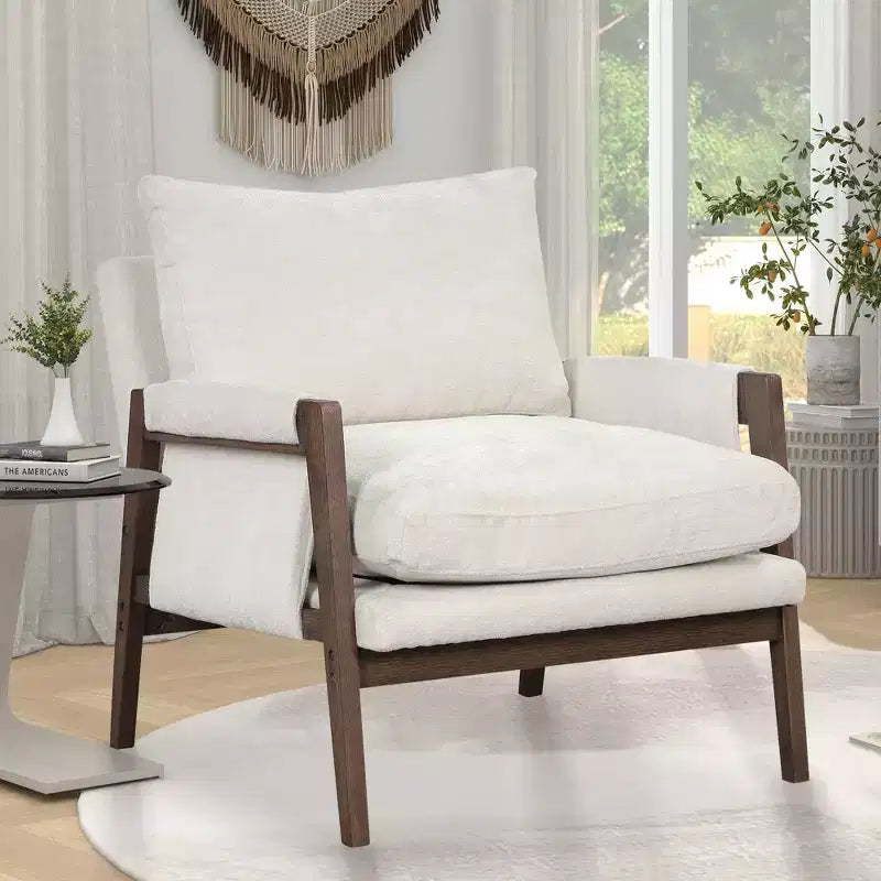 Poltrona moderna in velluto per soggiorno, sedia imbottita in stile Mid-Century con gambe in legno di gomma per sala lettura o camera da letto