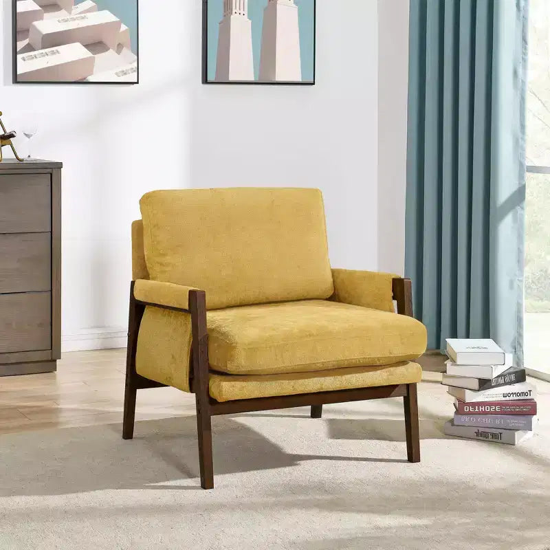 Poltrona moderna in velluto per soggiorno, sedia imbottita in stile Mid-Century con gambe in legno di gomma per sala lettura o camera da letto