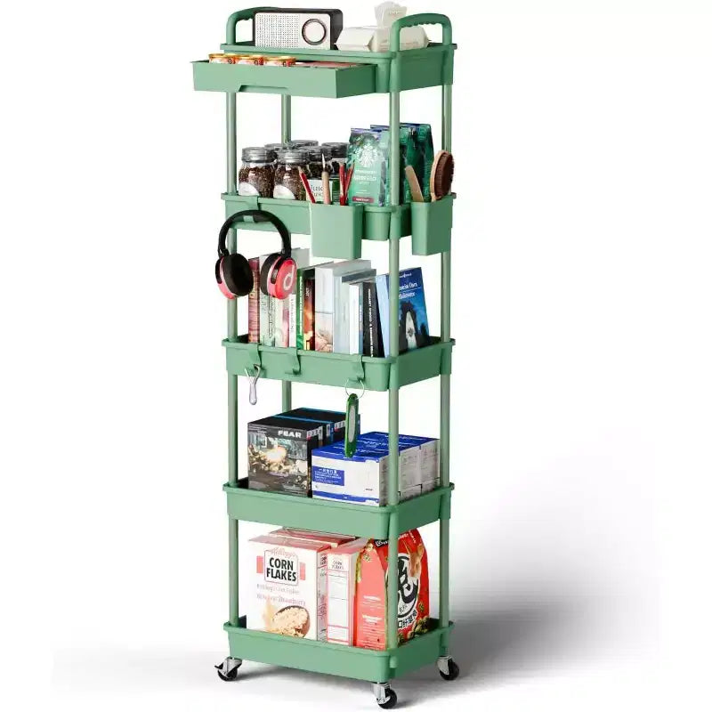 Carrello scorrevole a 5 ripiani con cassetto, organizer mobile salvaspazio per cucina - Capacità 150 kg
