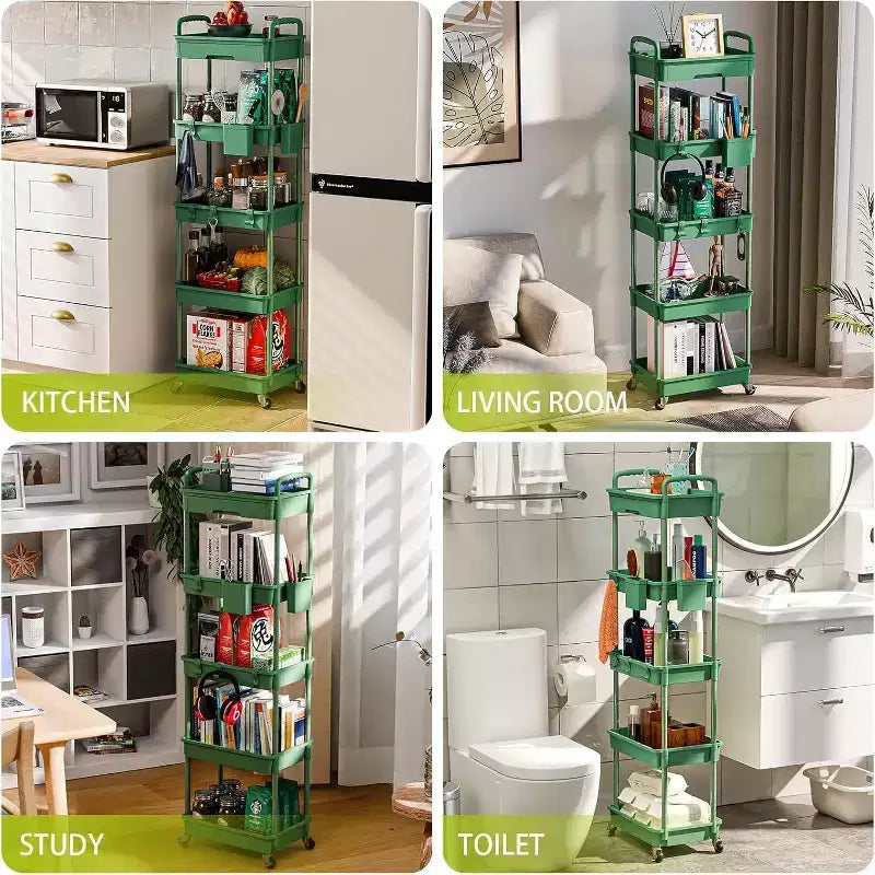 Carrello scorrevole a 5 ripiani con cassetto, organizer mobile salvaspazio per cucina - Capacità 150 kg
