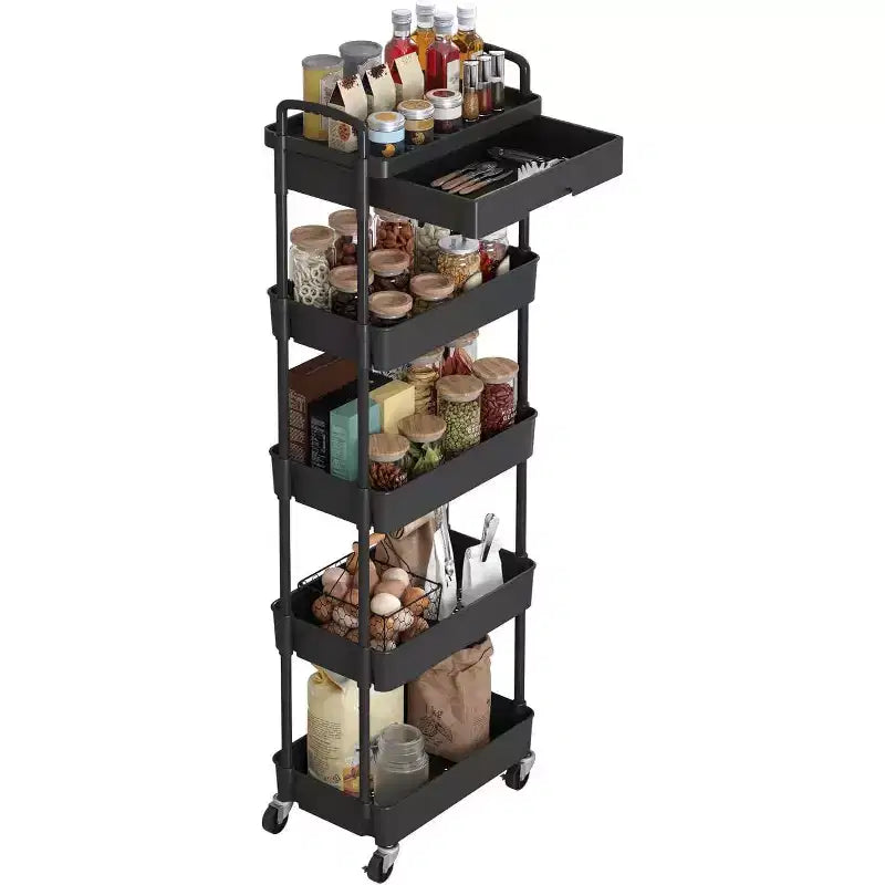 Carrello scorrevole a 5 ripiani con cassetto, organizer mobile salvaspazio per cucina - Capacità 150 kg