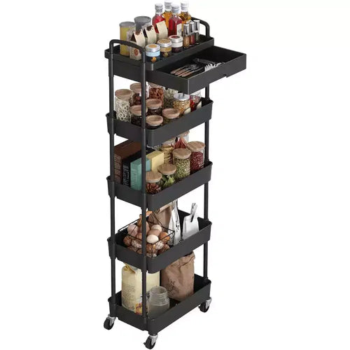 Carrello scorrevole a 5 ripiani con cassetto, organizer mobile salvaspazio per cucina - Capacità 150 kg