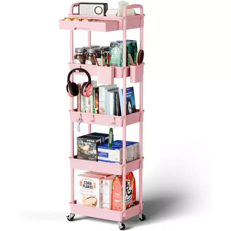 Carrello scorrevole a 5 ripiani con cassetto, organizer mobile salvaspazio per cucina - Capacità 150 kg