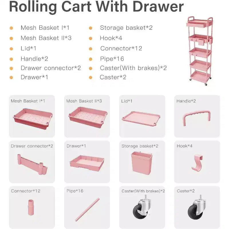 Carrello scorrevole a 5 ripiani con cassetto, organizer mobile salvaspazio per cucina - Capacità 150 kg