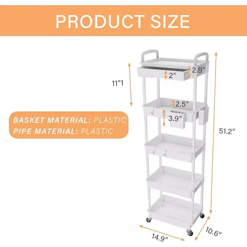 Carrello scorrevole a 5 ripiani con cassetto, organizer mobile salvaspazio per cucina - Capacità 150 kg