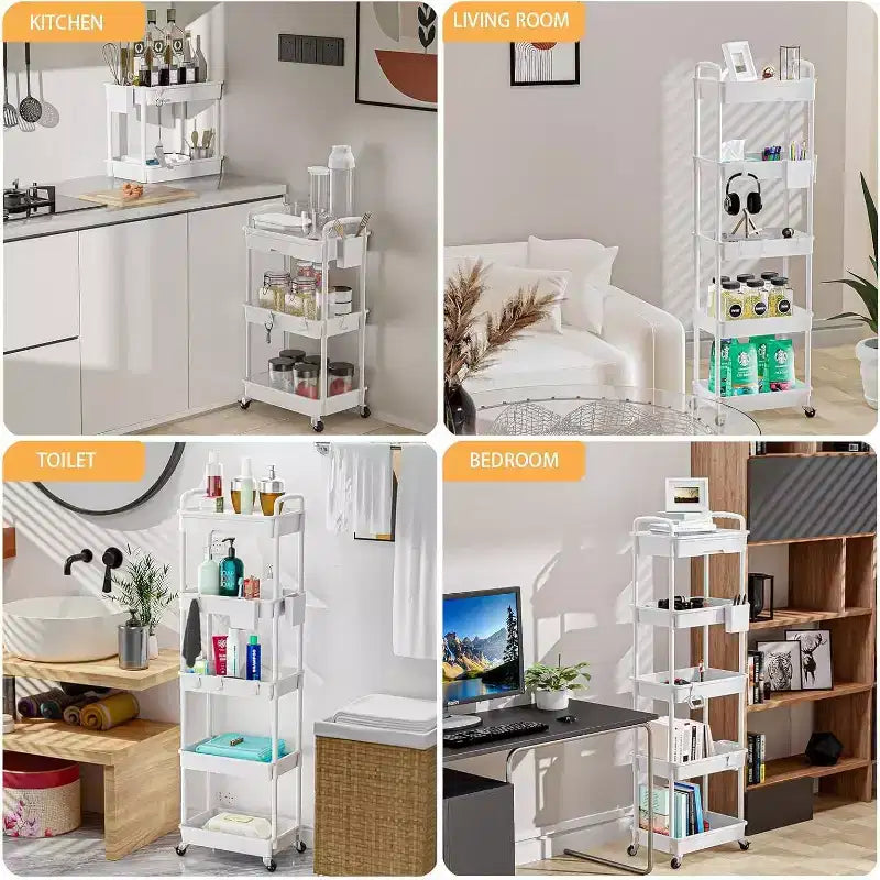 Carrello scorrevole a 5 ripiani con cassetto, organizer mobile salvaspazio per cucina - Capacità 150 kg