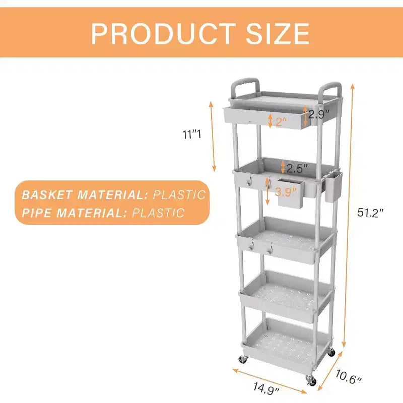 Carrello scorrevole a 5 ripiani con cassetto, organizer mobile salvaspazio per cucina - Capacità 150 kg