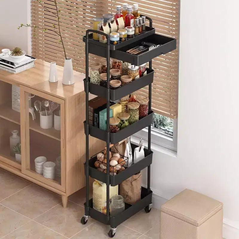 Carrello scorrevole a 5 ripiani con cassetto, organizer mobile salvaspazio per cucina - Capacità 150 kg