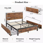 Struttura letto con cassetti contenitore - Piattaforma in metallo resistente con testiera in legno, non è necessaria la rete, facile da montare, marrone vintage